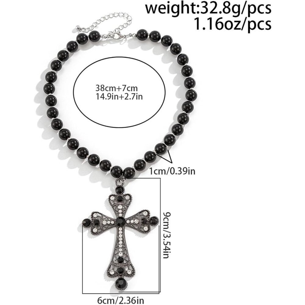 Women Black Pearl Cross Necklace - Chunky Gothic Punk Vintage Cross Jewelry - Picture 6 of 8